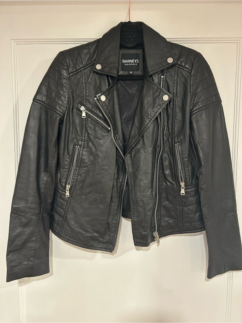 adidas Black Leather Biker Jacket with Silver Zippers